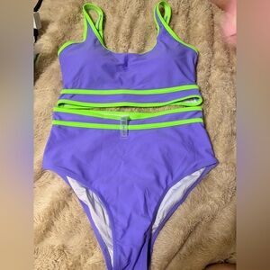 High-Waist Two-Piece Bikini in Purple with Neon Green Trim